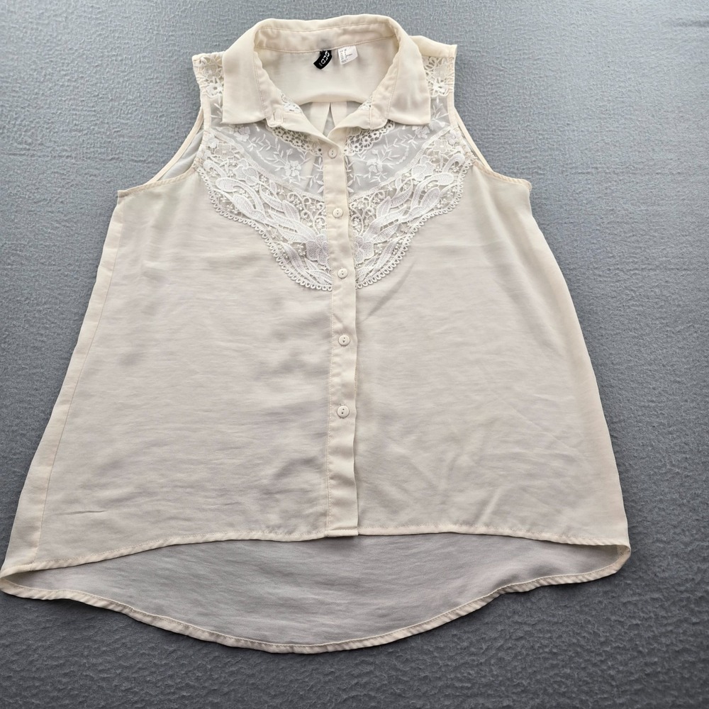 H&M Divided Shirt Top Women's 8 Beige Chiffon Lace Trim Sleeveless Button Front